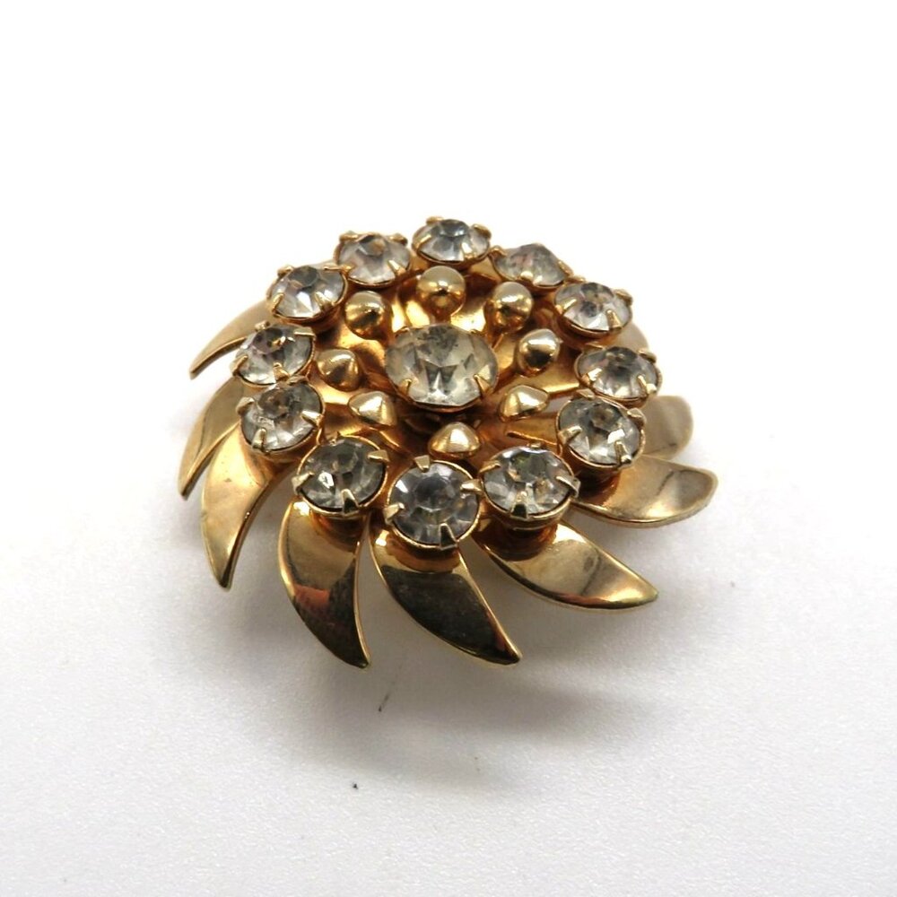 Vintage Brooch Floral Gold‎ Tone Rhinestone Swirl Flower Petals Pin
